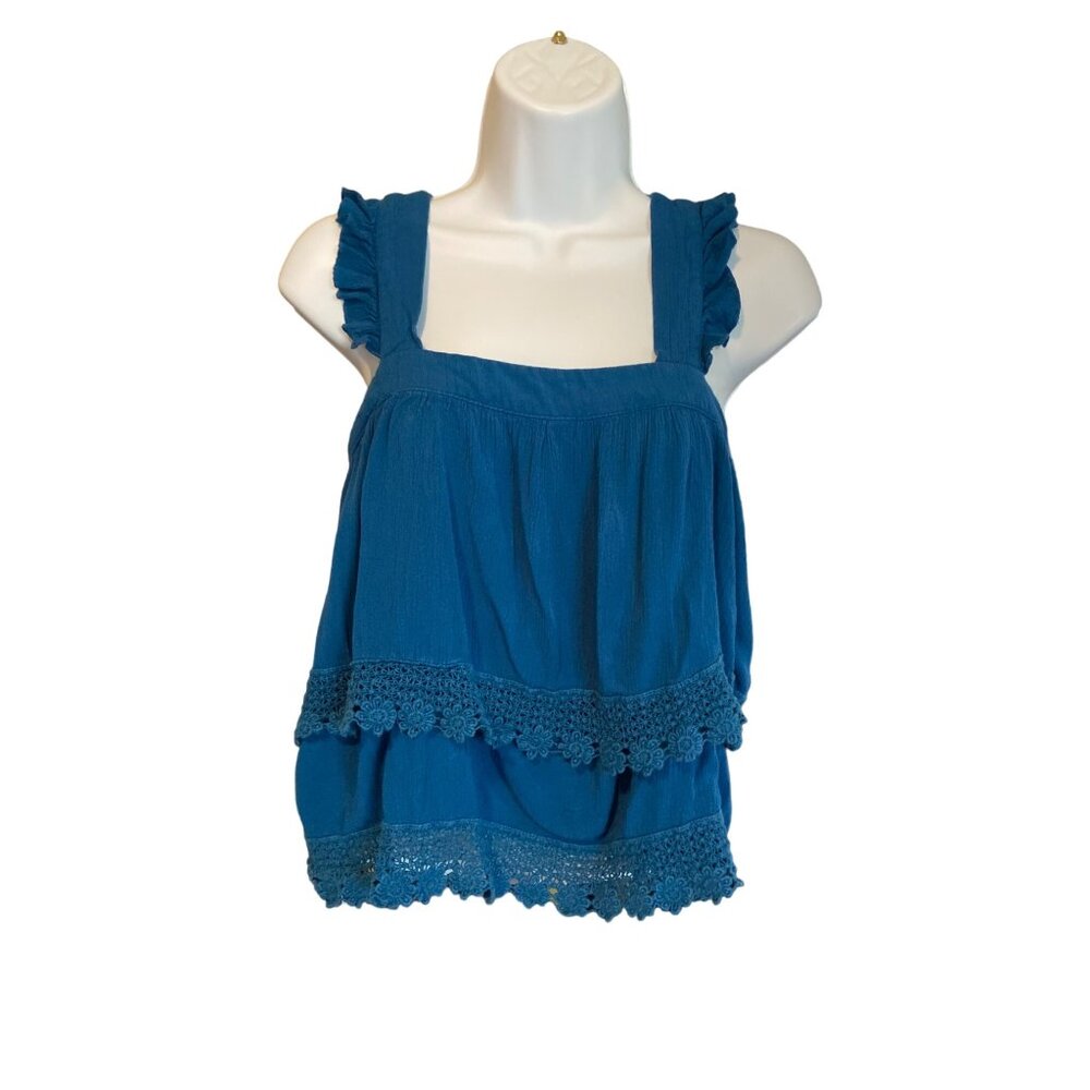 Forever 21 Womens Tank Top Small Blue Cropped Ruffled Lace Trim Boho Hippie